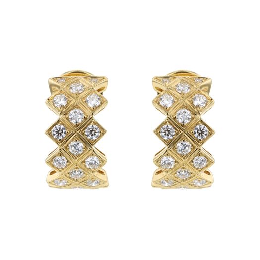 yellow gold hoop earrings featuring a lattice design and sprinkled with white diamond rounds in each design