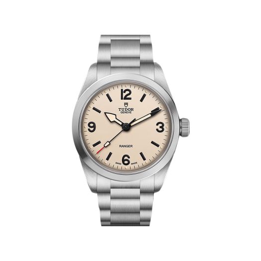 tudor watch with stainless steel strap and beige dial