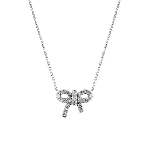 diamond lined mini bow pendant set on white gold chain