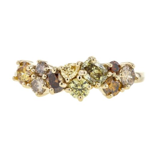yellow gold ring with multi-colored and multi-cud desert diamonds in cluster format on band