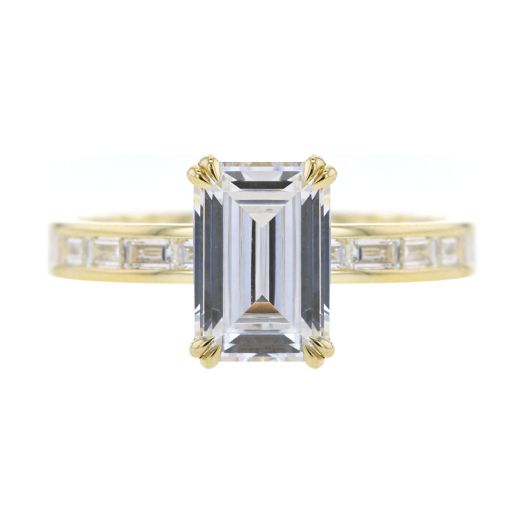 Yellow Gold Four Double Prong Emerald-Cut Engagement Ring Setting with Channel Set Emerald Band