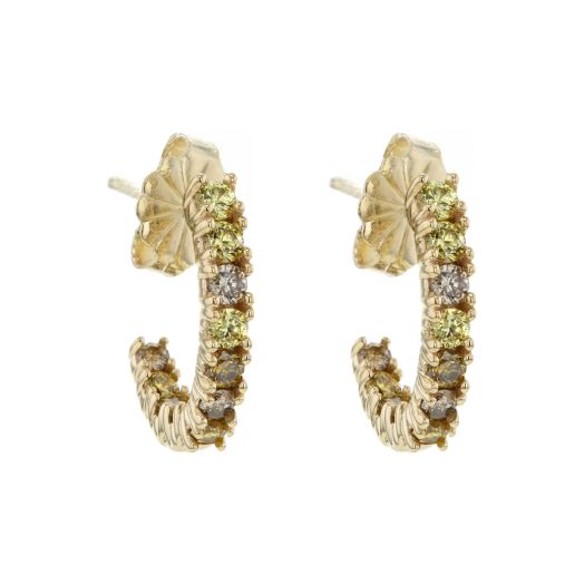 yellow gold j-hoop earrings lined with multi-colored desert diamonds
