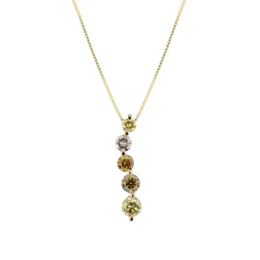 yellow gold chain with five round-cut multi-colored fancy diamonds