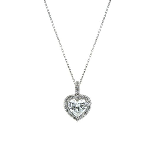 heart-shaped diamond set in halo of white diamond rounds that extend onto bale suspended from platinum chain