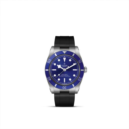 tudor watch with blue dial and black rubber strap