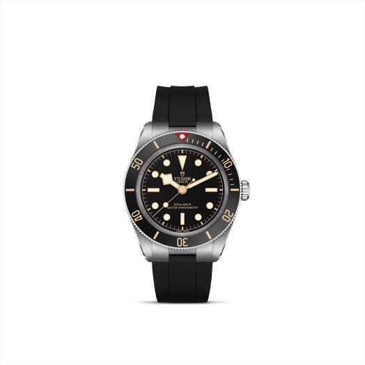tudor watch with black dial and black rubber strap