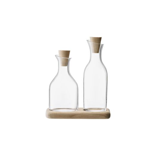 Oil and vinegar bottle set with an oak wood base