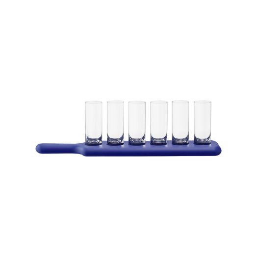 shot glass set with six glasses set on blue paddle