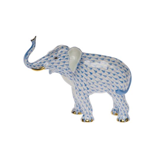 blue elephant with blue fishnet design and golden accents