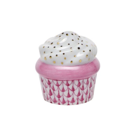 Herend Mini Cupcake in Raspberry, featuring a pink base with fishnet design and white icing top.
