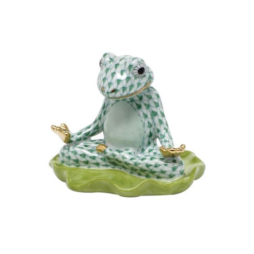 Porcelain Herend Yoga Frog figurine in green with hand-painted fishnet design.
