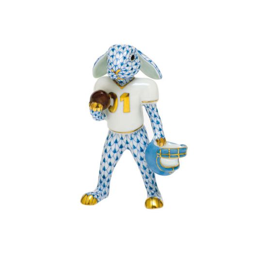 Herend Football Bunny figurine in blue, featuring a bunny in a white jersey with the number "1" holding a football, all adorned with blue fishnet pattern.