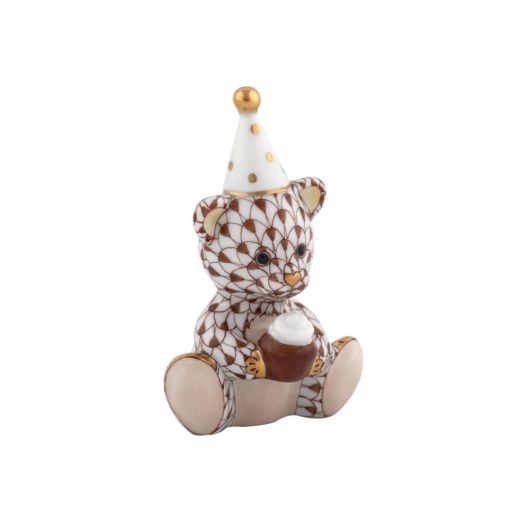Herend porcelain Birthday Bear (Chocolate) holding a cupcake, wearing party hat, chocolate‑tone fishnet pattern with gold accents