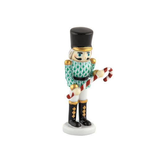 Herend porcelain Small Nutcracker with Candy Cane (Green) holding a candy cane, wearing festive uniform, green-tone fishnet pattern with gold accents