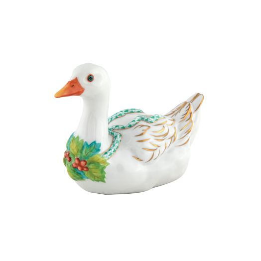 Herend porcelain Christmas Goose (Green) with gold accents