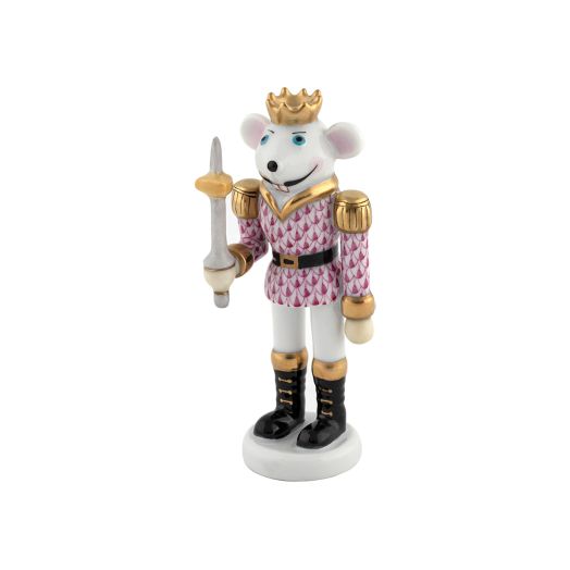 Herend porcelain Mouse King Nutcracker (Raspberry) holding a sword, wearing crown and festive uniform, raspberry-tone fishnet pattern with gold accents