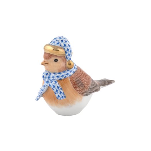 Herend porcelain Winter Bird (Sapphire) wearing a festive winter hat, sapphire-tone fishnet pattern with gold accents