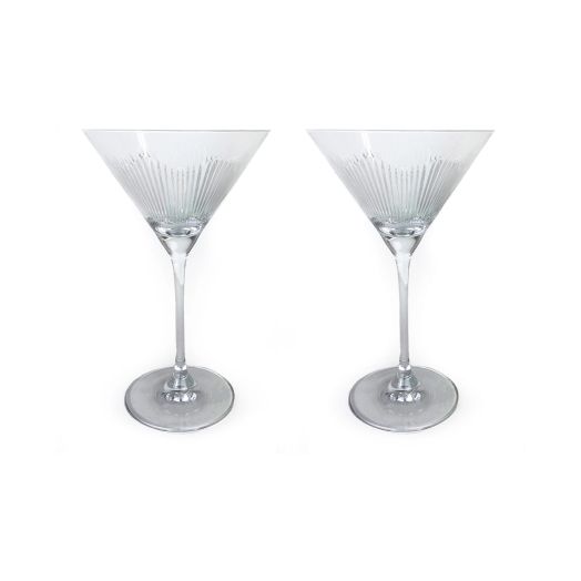two martini glasses with etched design