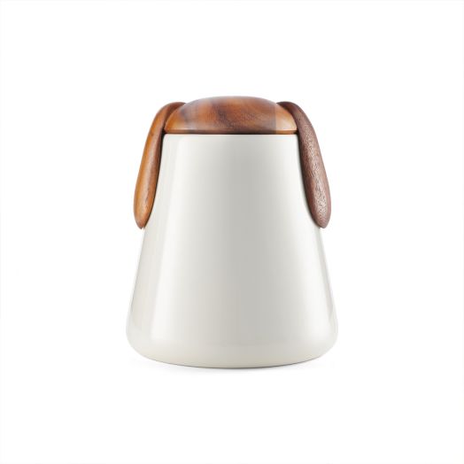 white porcelain jar with dog ear shaped wood top