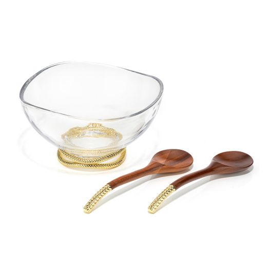 Glass salad bowl with wooden severs and gold accents