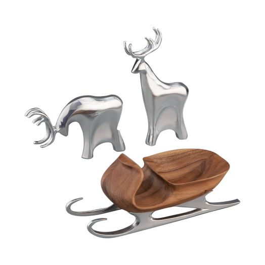 wooden sleigh with two alloy reindeer 