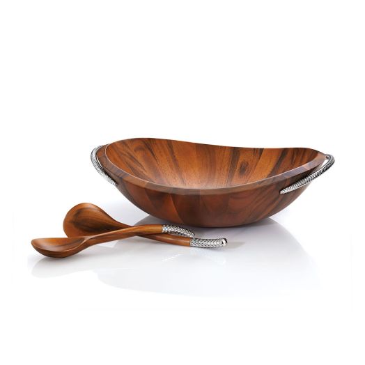 wooden bowl with braided handle design, two salad spoons also wood with braided handle design