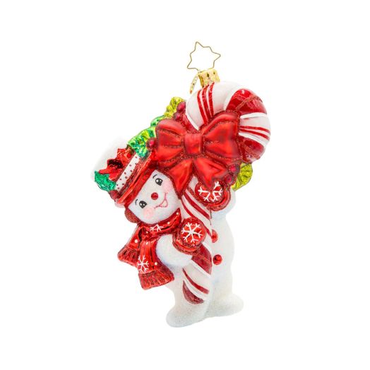 Snowman holding a candy cane ornament