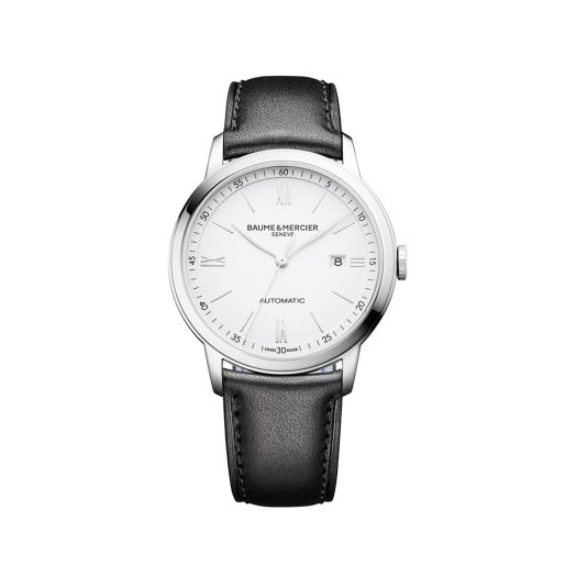 watch with black leather strap and white face