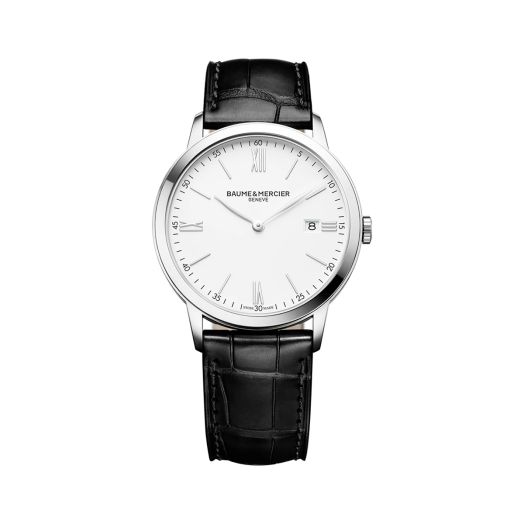 watch with black alligator design strap and white dial