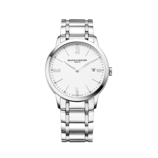 watch with steel strap and white dial