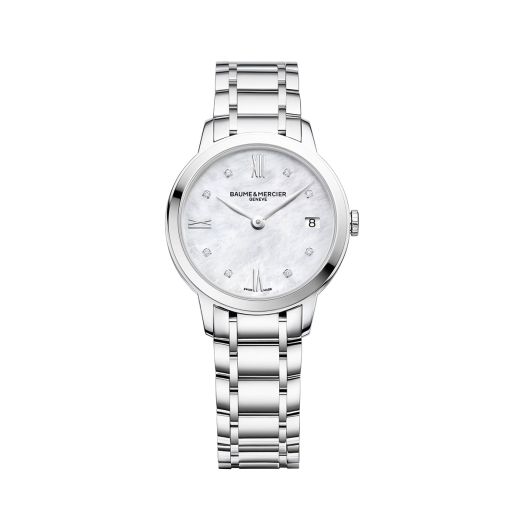 watch with steel bracelet and mother of pearl dial