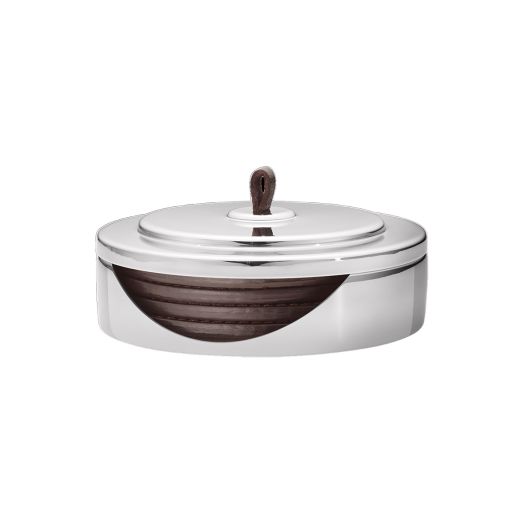 leather coaster in stainless steel container