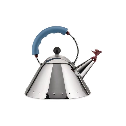 mirror-polished stainless steel kettle with light blue handle and bird-shaped whistle