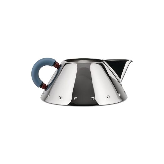 mirror-polished stainless steel creamer with a rounded body and light blue thermoplastic handle