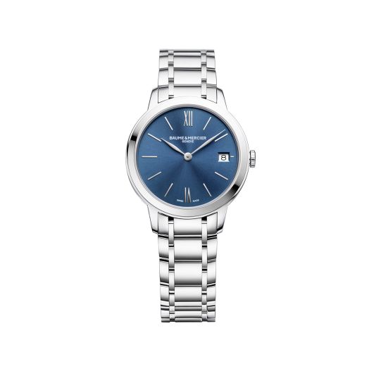 watch with steel bracelet and blue dial