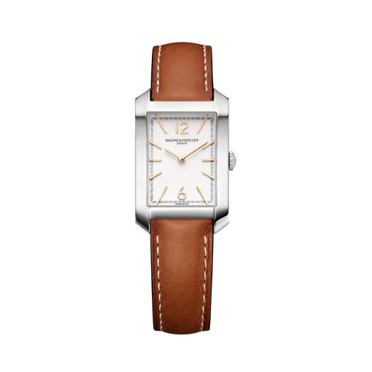 rectangular face watch with white dial and brown strap