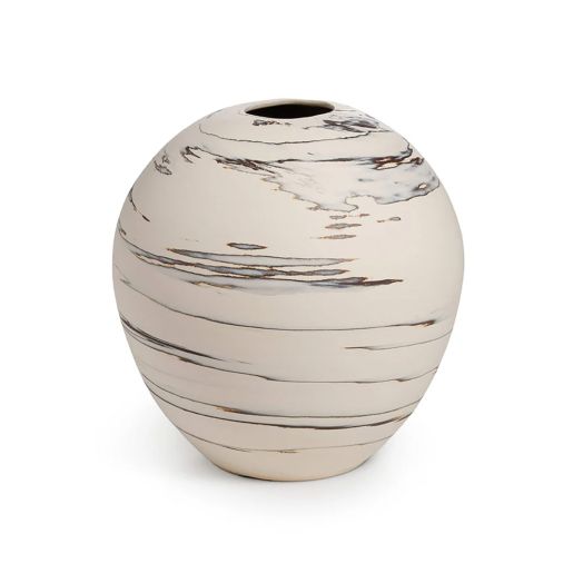 sand colored vase with striping pattern