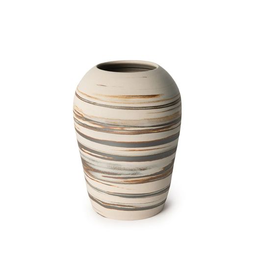 sand colored vase with striping design