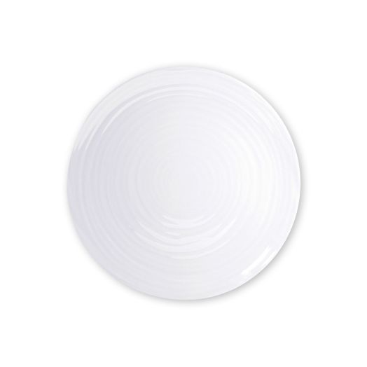 crisp white round porcelain salad plate with a subtly raised, embossed architectural border