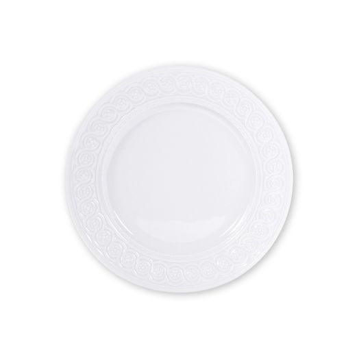 White Limoges porcelain dinner plate with raised architectural relief pattern around the rim