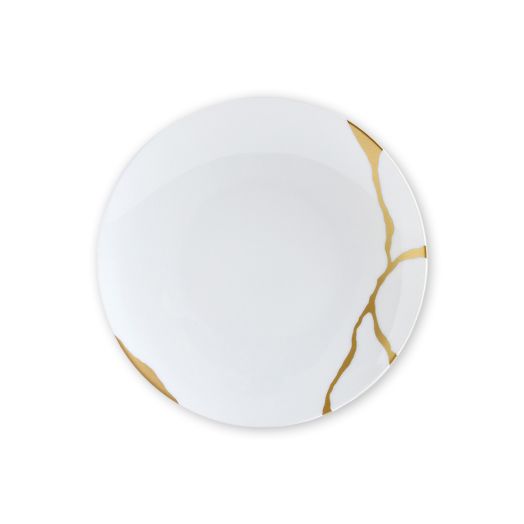 porcelain 21 cm coupe plate with hand-painted golden kintsugi-style crack lines