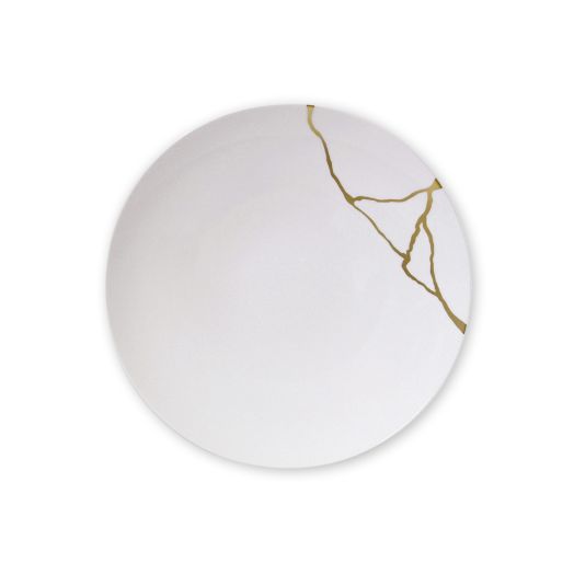porcelain coupe dinner plate, 27 cm in diameter, with hand-painted golden kintsugi-style crack lines 