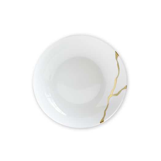 porcelain deep coupe plate, 19 cm diameter, with hand-applied gold kintsugi-style lacquer lines