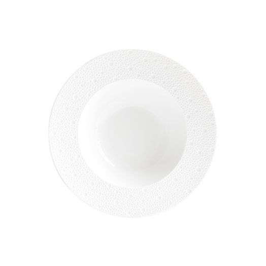porcelain soup plate, featuring clean rim with delicate wave-like engraved texture reminiscent of sea foam
