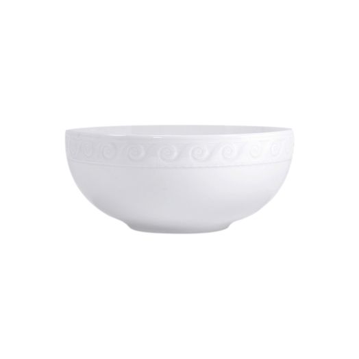 white bowl with pattern around top 