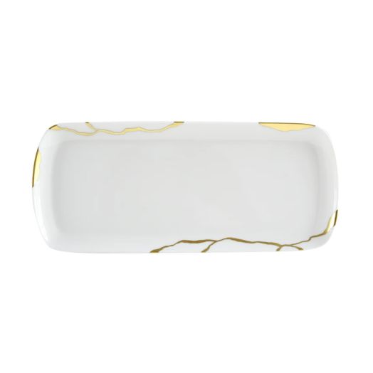 rectangular white porcelain cake platter with gold lacquer crack‑like kintsugi lines