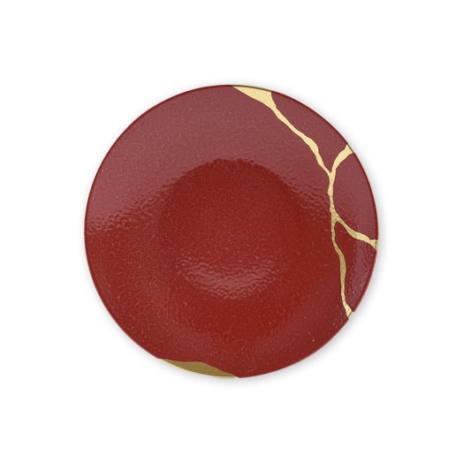 red porcelain dessert plate, 21 cm in diameter, with crackled glaze and hand-applied gold kintsugi-style lacquer lines
