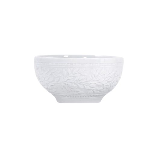 white rice bowl with leaf pattern around sides