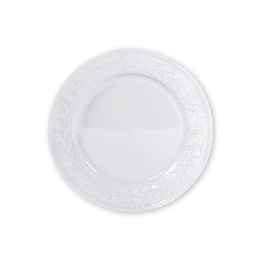 crisp white round porcelain dessert plate with an artisan-crafted concentric-groove surface