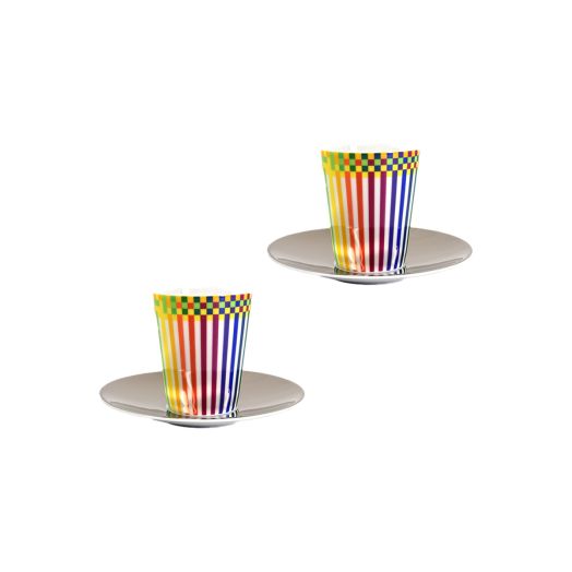 Two fine porcelain espresso cups with slender rims, each paired with a platinum saucer, the saucers decorated in vibrant multicolored stripes